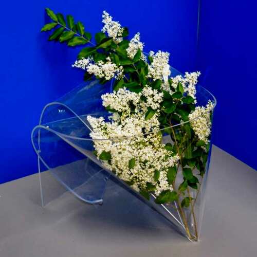 Vase de sol décoratif plexiglas pour fleurs séchées découpé au laser, modelé à chaud. En transparent de 3mm, plus propice au modelage.