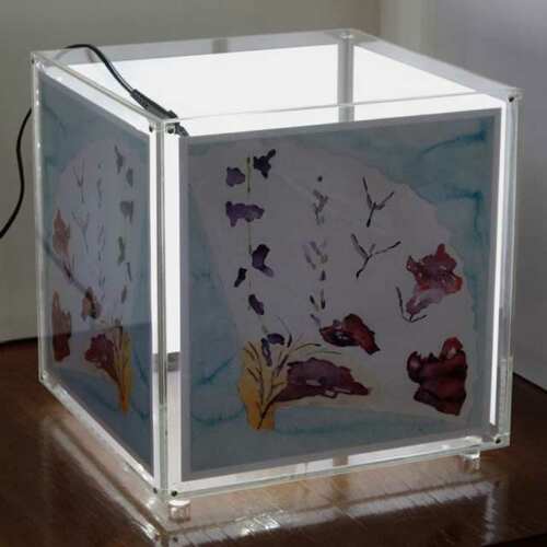 Lampada cubo porta foto in plexiglass con l'aggiunto una 2a parete di plexiglass su i 4 lati. Così puoi inserire quello che vuoi nelle tasche