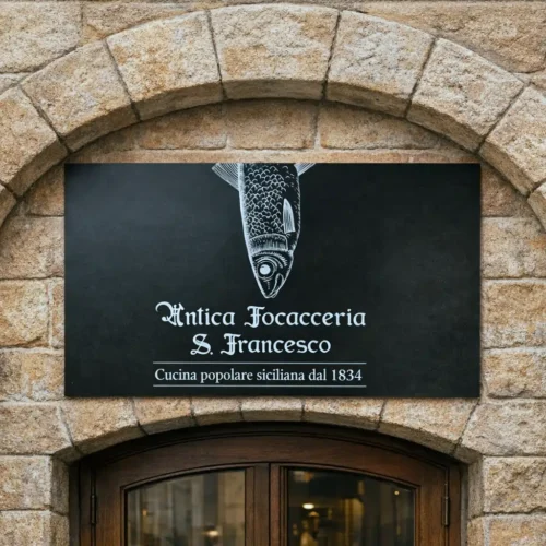 Insegna alluminio composito nero opaco ristorante antica Focacceria San Francesco
