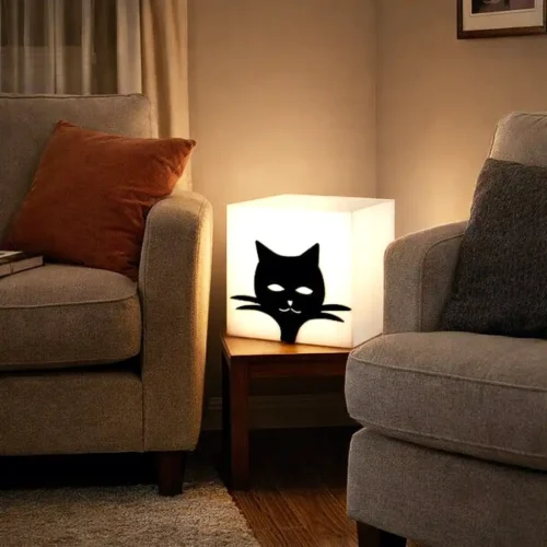 Cubo luminoso OPAL con gatto nero in plexiglas lucido in rilievo