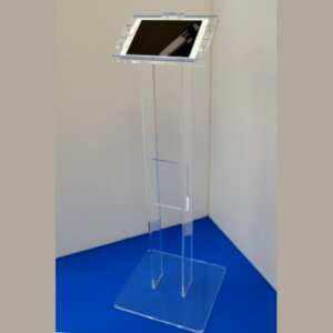 Porte ordinateur portable Ipad en plexiglas de sol sur colonne transparente avec blocs antivol que vous pouvez désinfecter